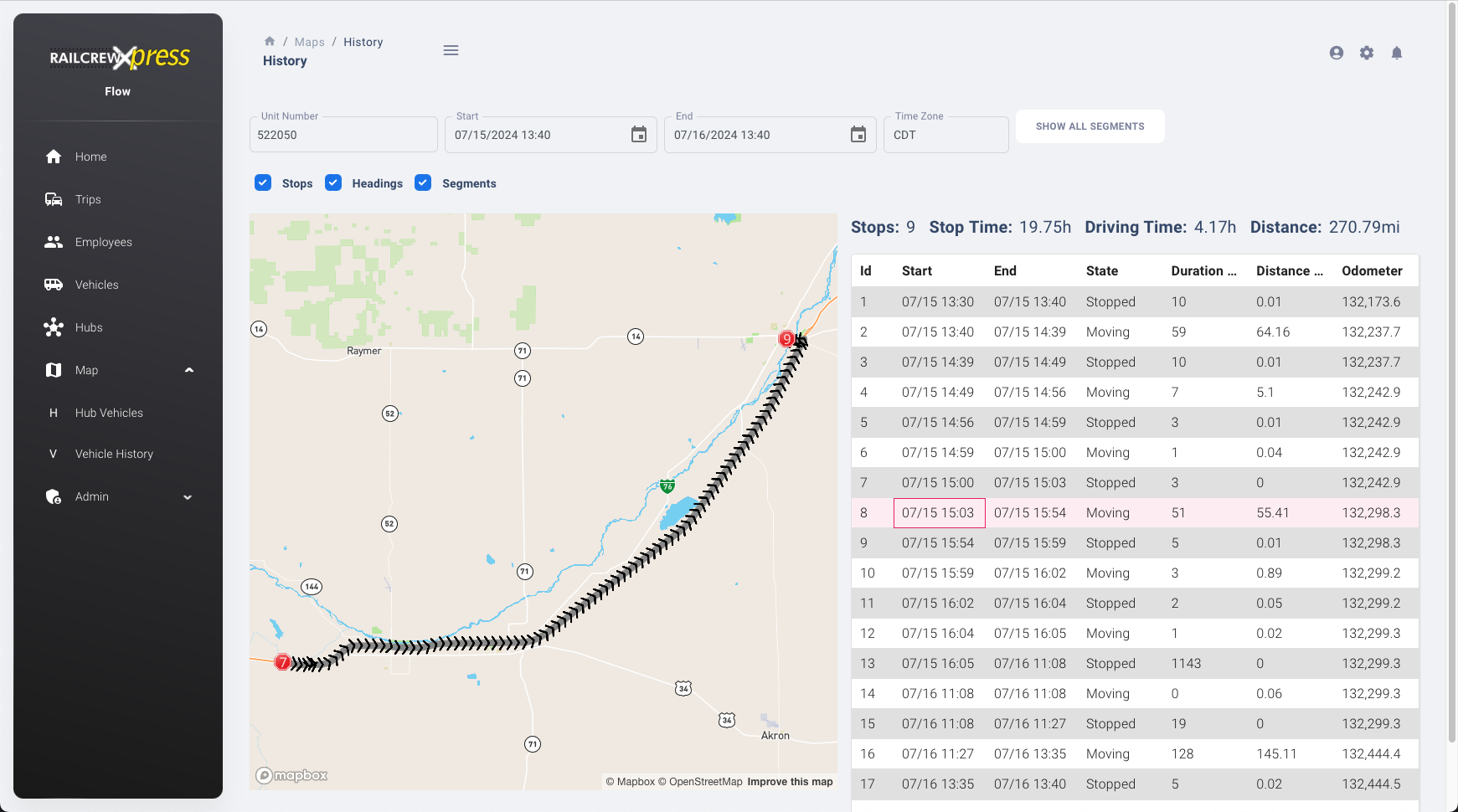 vehicle history map single segment